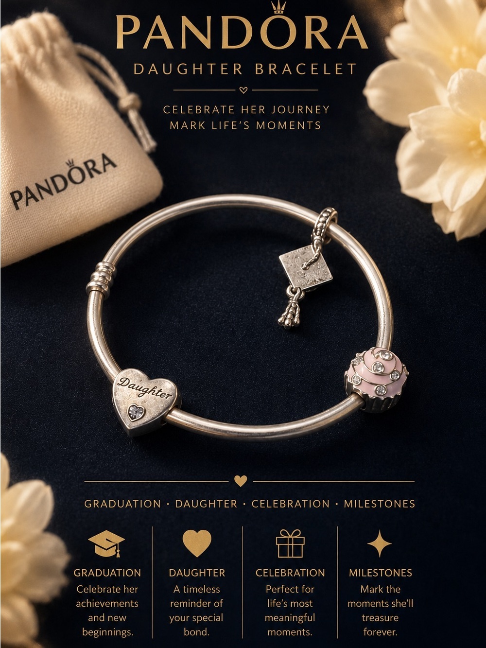 Pandora Daughter Graduation Charm Bracelet Sterling Silver 3 charms included